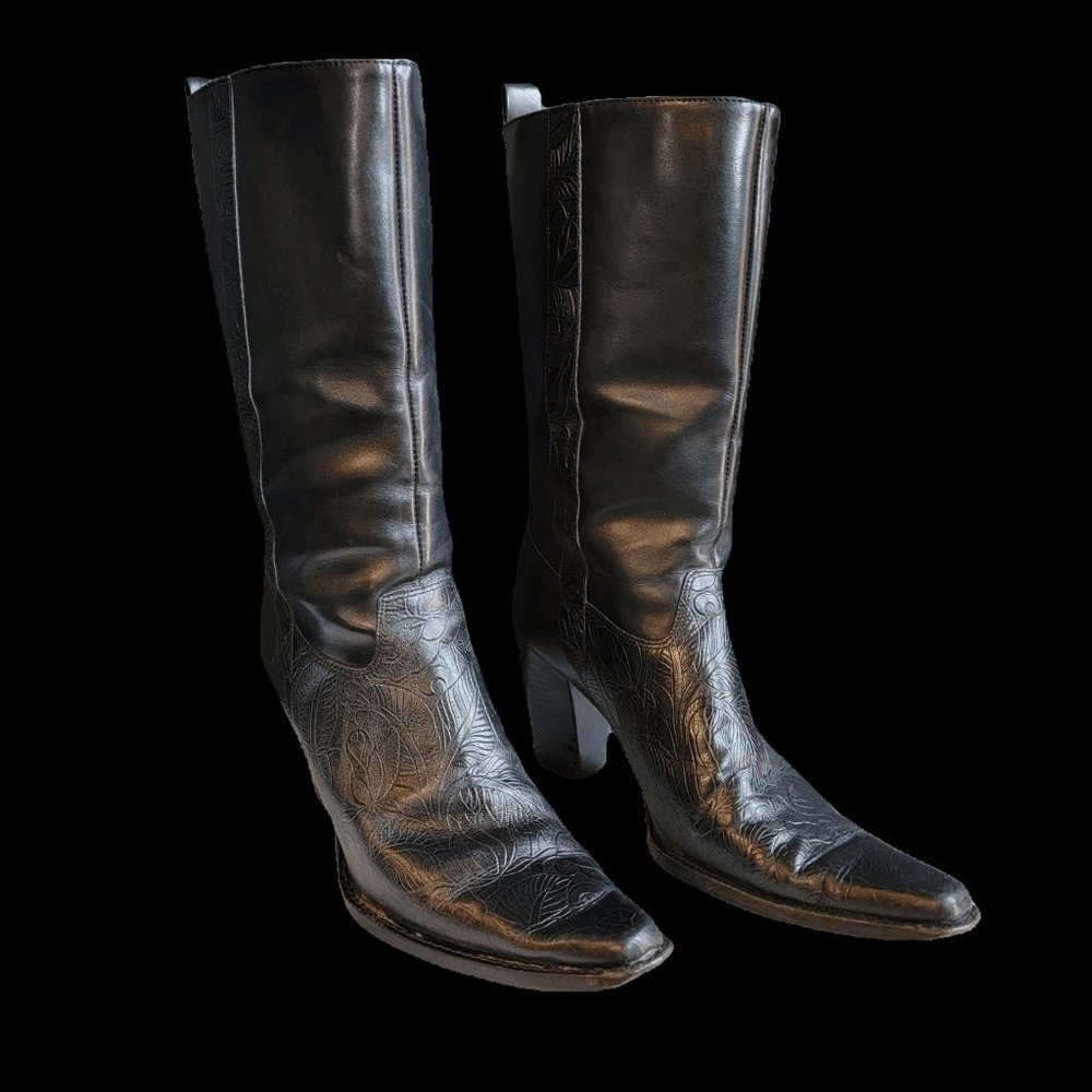 Vintage Black Antonio Melani Tooled Leather Western Boots - W 8.5
